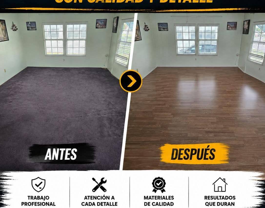 Living room before and after: carpet replaced with laminate