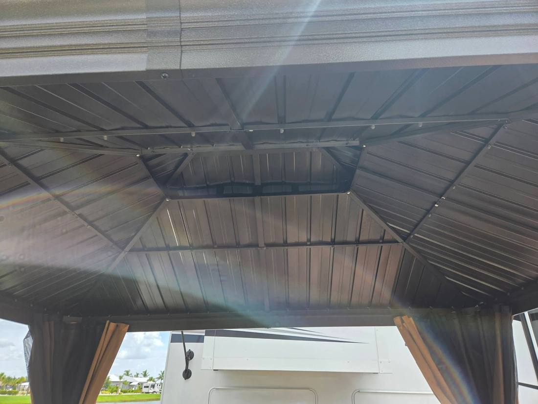 Inside view of the gazebo's double steel roof