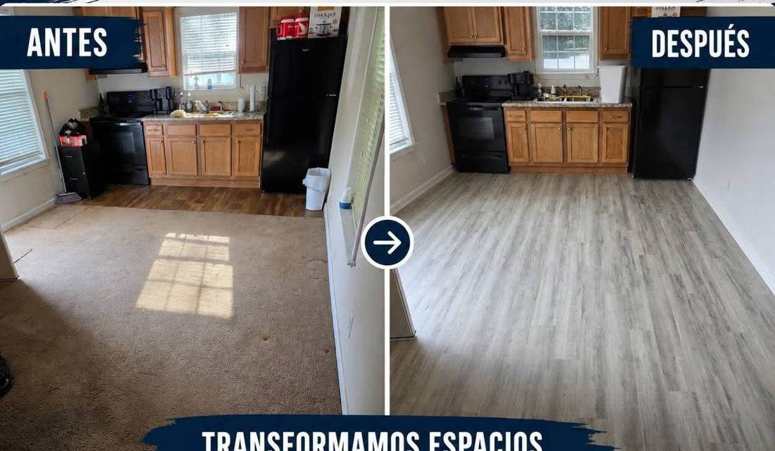 Kitchen and dining area before and after new vinyl plank floor